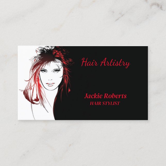 Elegant Red-Haired Woman Hair Stylist Business Card (Front)
