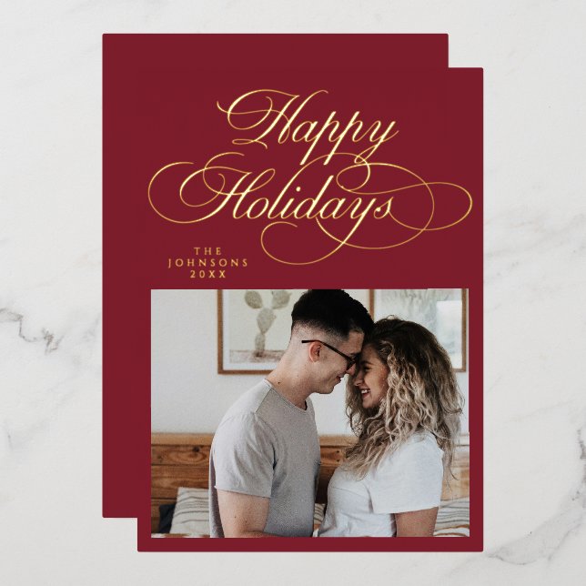 Elegant Red Happy Holidays Photo Christmas  Foil Holiday Card (Front/Back)