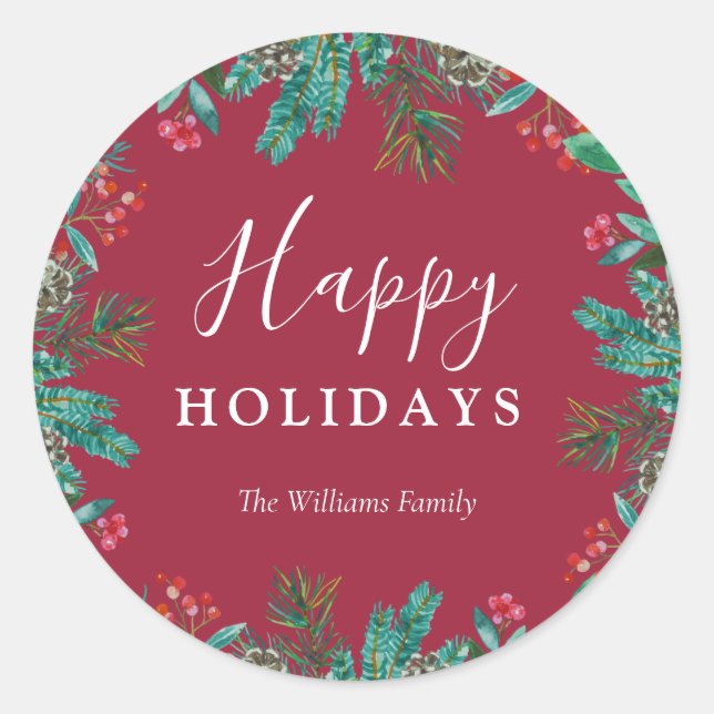 Elegant Red Happy Holidays Wreath Family Name Classic Round Sticker (Front)