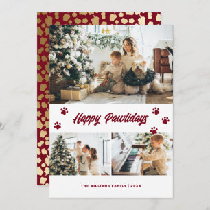 Elegant Red Happy Pawlidays Gold Stars Photo Holiday Card