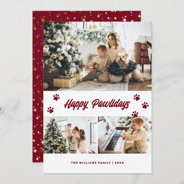 Elegant Red Happy Pawlidays Gold Stars Photo Holiday Card (Front/Back)