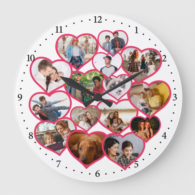Elegant Red Heart | Family Photo Collage Large Clock (Front)