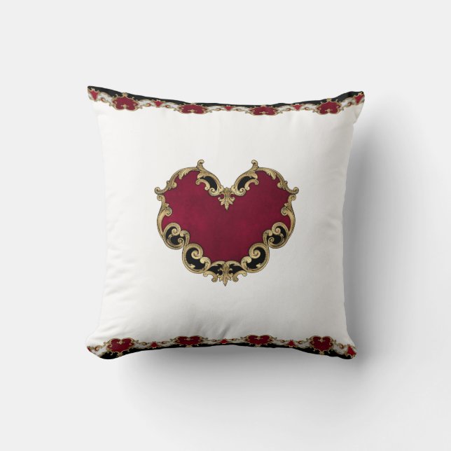 Elegant Red Heart Gold Ornate Cushion (Front)