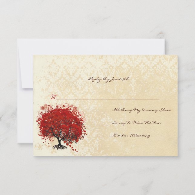 Elegant Red Heart Leaf Tree Wedding  Invitation (Back)
