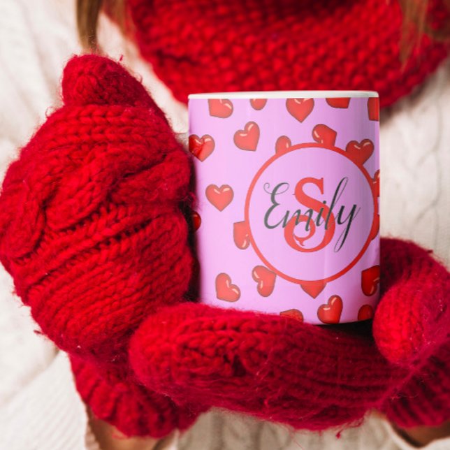 Elegant Red heart pattern on purple monogram Coffee Mug (Creator Uploaded)