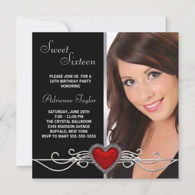 Elegant Red Heart Photo Birthday Party Invitation (Front)