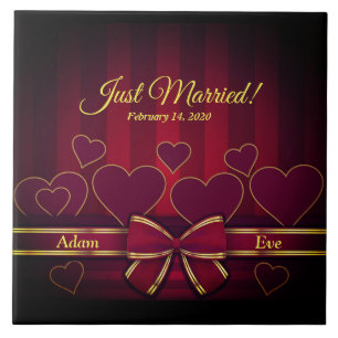 Elegant Red Hearts And Ribbon Wedding Ceramic Tile