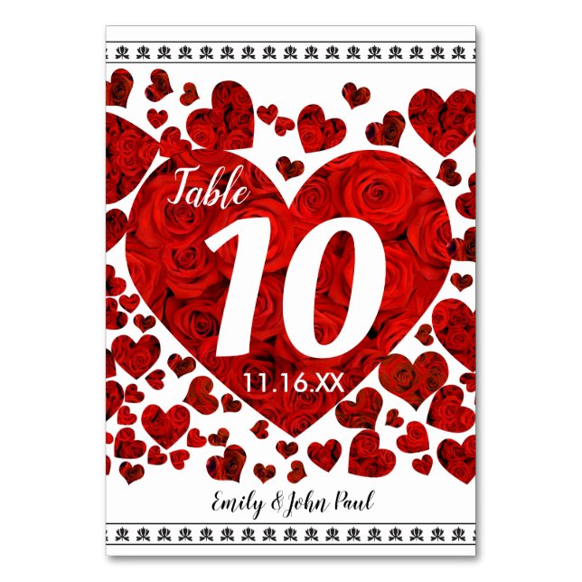 Elegant Red Hearts and Roses Table Number (Back)