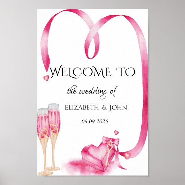 Elegant Red Hearts Champagne Glass Poster (Front)