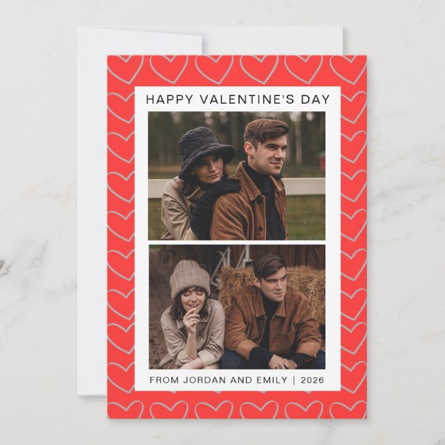Elegant Red Hearts Happy Valentine's Day 2 Photo Holiday Card (Front)