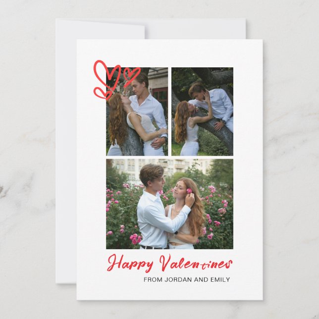 Elegant Red Hearts Happy Valentine's Day 3 Photo Holiday Card (Front)
