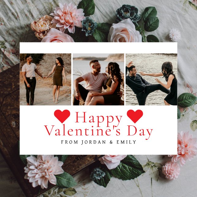 Elegant Red Hearts Happy Valentine's Day 3 Photo Holiday Card (Creator Uploaded)