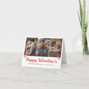 Elegant Red Hearts Happy Valentines Day 3 Photo Holiday Card