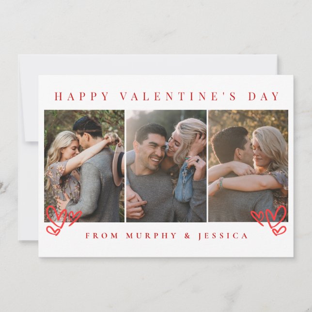 Elegant Red Hearts Happy Valentine's Day 3 Photo Holiday Card (Front)