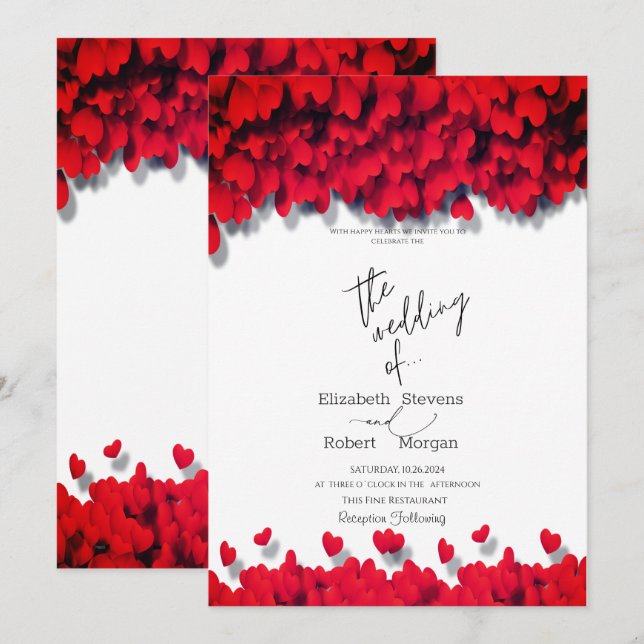 Elegant Red Hearts Wedding  Invitation (Front/Back)
