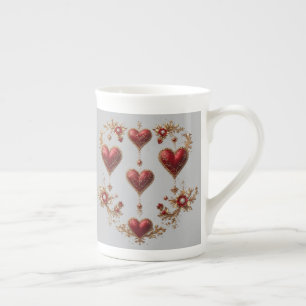 Elegant Red Hearts with Golden Floral Details Bone China Mug