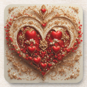 Elegant Red Hearts with Golden Floral Details Coaster