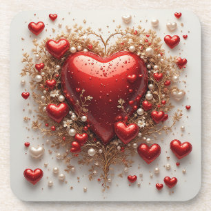 Elegant Red Hearts with Golden Floral Details Coaster