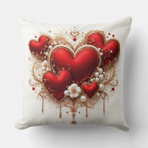 Elegant Red Hearts with Golden Floral Details Cushion