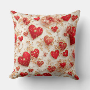 Elegant Red Hearts with Golden Floral Details Cushion