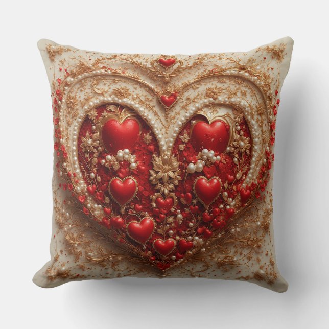 Elegant Red Hearts with Golden Floral Details Cushion (Front)