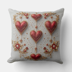 Elegant Red Hearts with Golden Floral Details Cushion