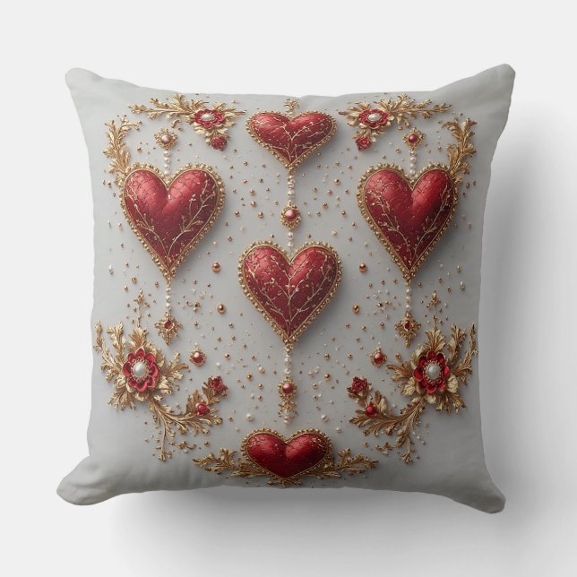 Elegant Red Hearts with Golden Floral Details Cushion (Front)