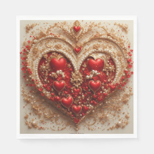 Elegant Red Hearts with Golden Floral Details Napkin