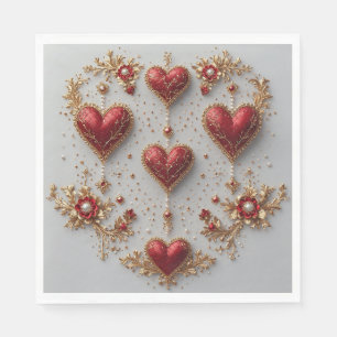 Elegant Red Hearts with Golden Floral Details Napkin