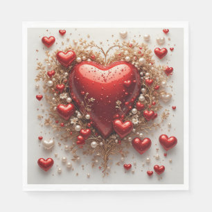 Elegant Red Hearts with Golden Floral Details Napkin