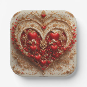 Elegant Red Hearts with Golden Floral Details Paper Plate