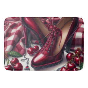Elegant Red High Heels with Cherry  Bath Mat