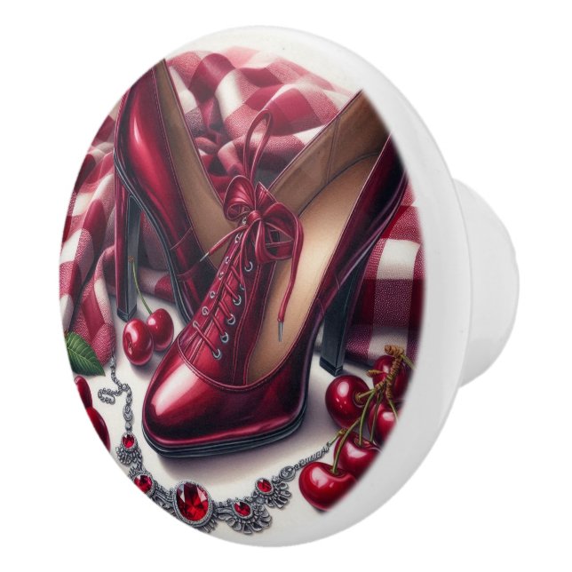 Elegant Red High Heels with Cherry  Ceramic Knob (Right)