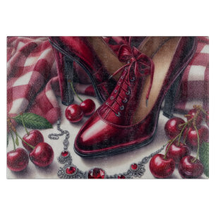 Elegant Red High Heels with Cherry Cutting Board