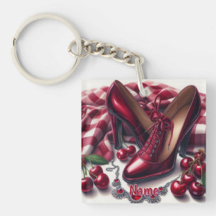 Elegant Red High Heels with Cherry  Key Ring