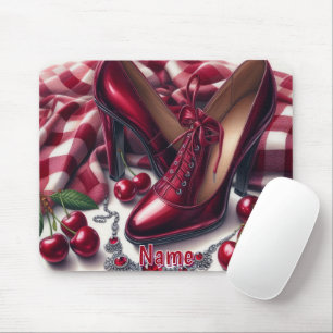 Elegant Red High Heels with Cherry Mouse Pad