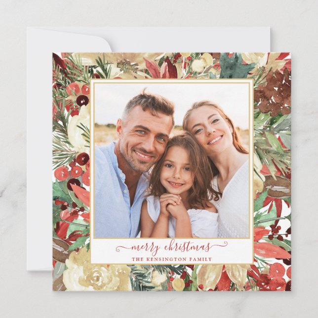 Elegant Red Holiday Floral Christmas Photo Card (Front)