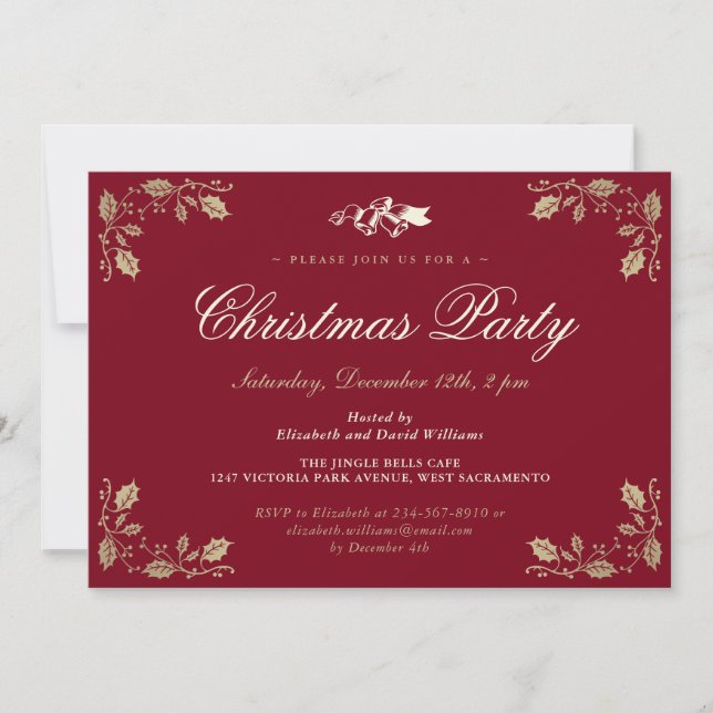 Elegant Red Holly Bells Christmas Holiday Party Invitation (Front)