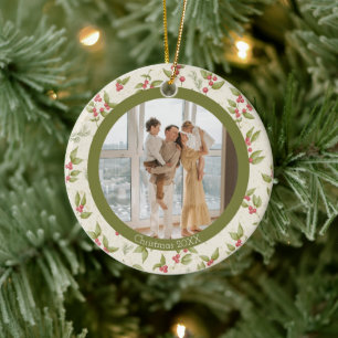 Elegant Red Holly Berries Green Frame Family Photo Ceramic Ornament