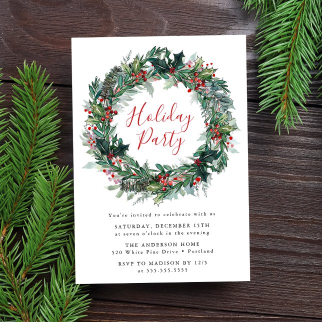 Elegant Red Holly Berries Wreath Holiday Party Invitation (Creator Uploaded)