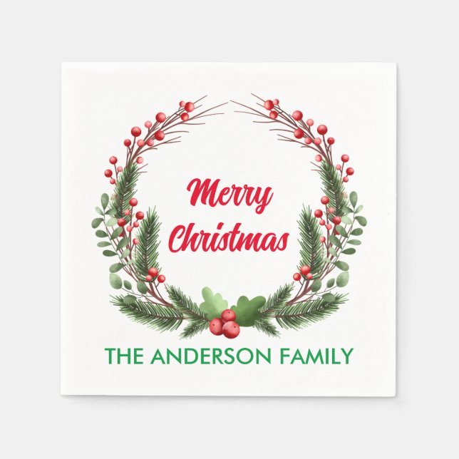 Elegant Red Holly Berry Family Christmas  Napkin (Front)