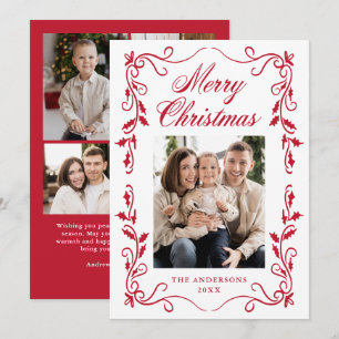 Elegant Red Holly Border Merry Christmas 5 Photo Holiday Card