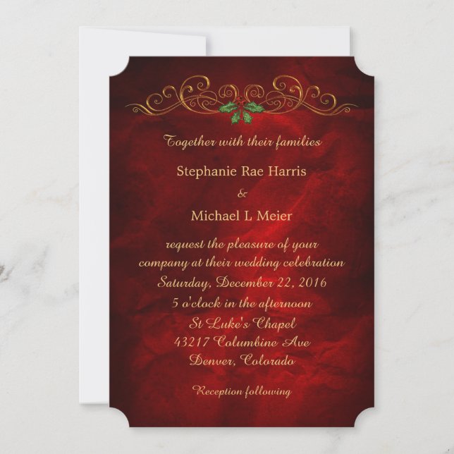 Elegant Red Holly Christmas Wedding Invitation (Front)