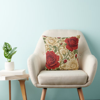 Elegant Red Ivory Rose Victorian Decorative  Cushion