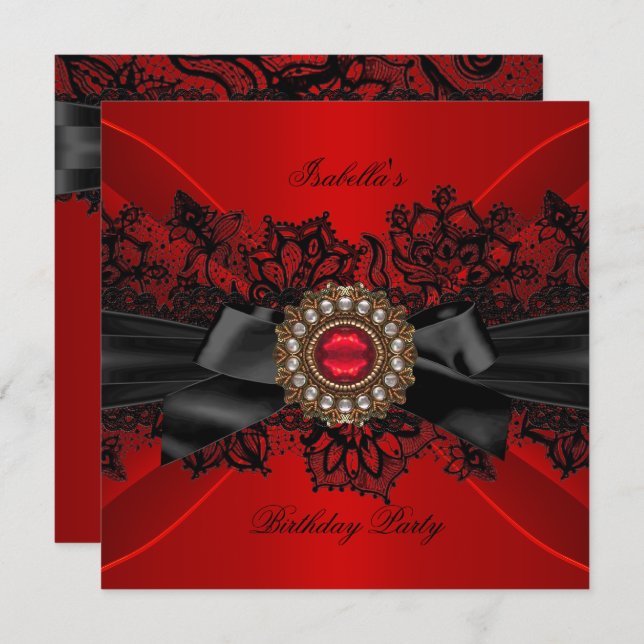 Elegant Red Jewel Black Lace Bow Birthday Party Invitation (Front/Back)