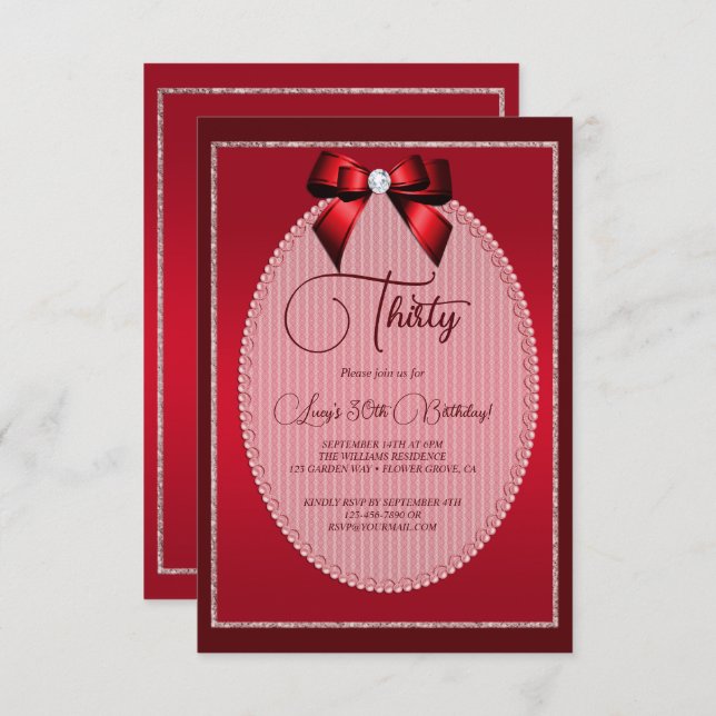 Elegant Red Jewel Bow Birthday Invitation (Front/Back)