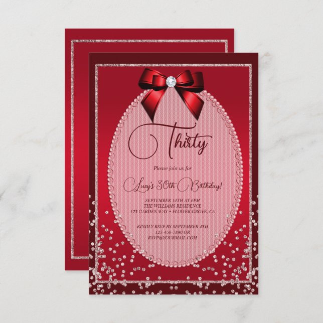 Elegant Red Jewel Bow & Confetti Birthday Invitation (Front/Back)