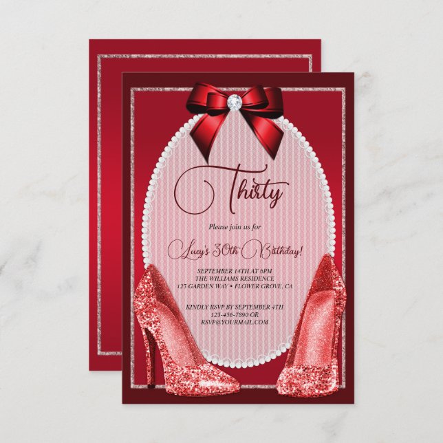 Elegant Red Jewel Bow & Stilettos Birthday Invitation (Front/Back)