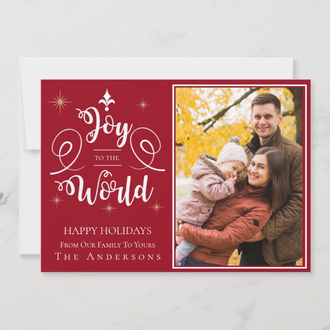 Elegant Red Joy To The World Family Photo Holiday Card (Front)