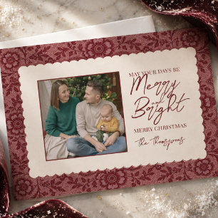 Elegant Red Lace Border Family Photo Christmas Holiday Card